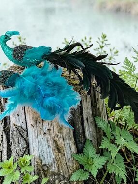 2 Vtg Beaded Feathered Peacock Bird Ornaments Clip LARGE Blue Victorian Style